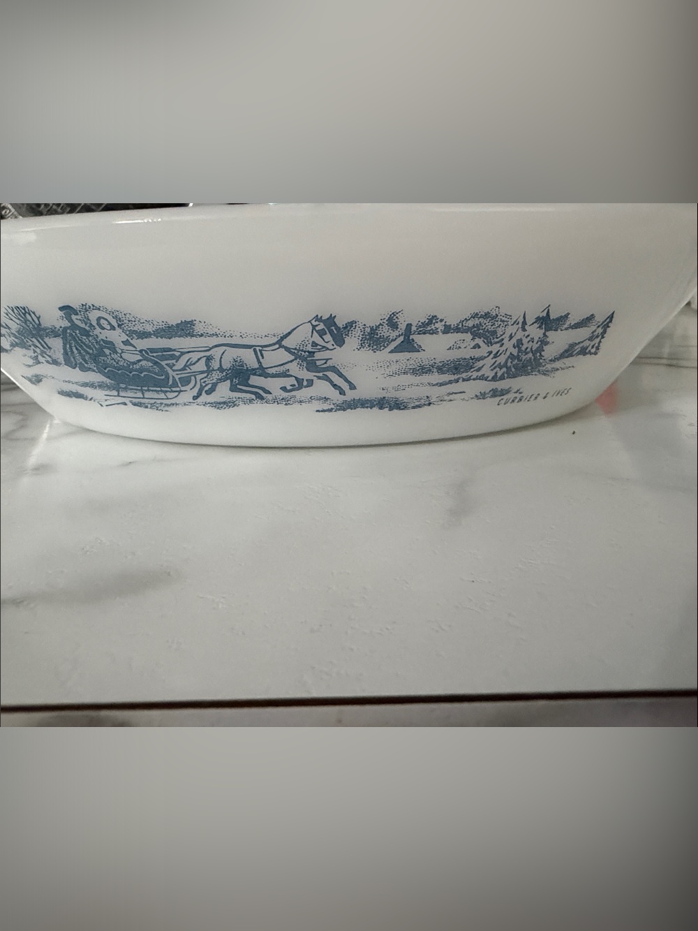 Vintage glasbake courier and Ives divided cassrole relish dish J-2352